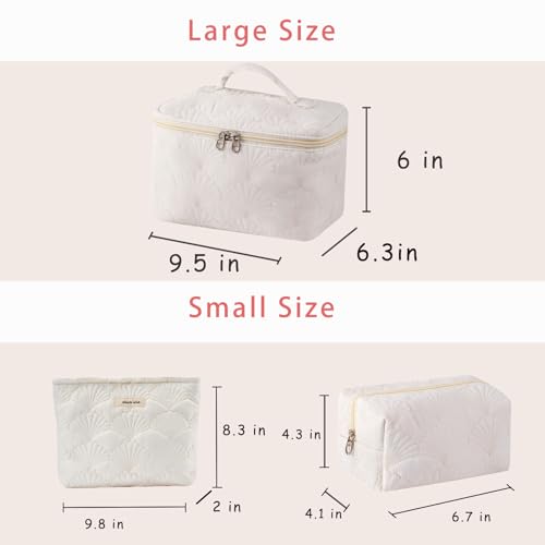 uekeboag 3Pcs White Quilted Cotton Makeup Pouch,Coquette Quilted Toiletry Bag for Women and Girls, Floral Coquette Organizer Bag, Aesthetic Travel Cosmetic Bags(3Pcs White Shell) - color: 3Pcs White Shell