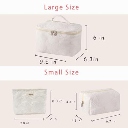 uekeboag 3Pcs White Quilted Cotton Makeup Pouch,Coquette Quilted Toiletry Bag for Women and Girls, Floral Coquette Organizer Bag, Aesthetic Travel Cosmetic Bags(3Pcs White Shell) - color: 3Pcs White Shell
