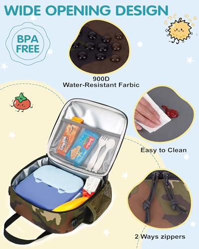 Tactical-style Lunch Bag 5L Kids Lunch Bag with Adjustable Shoulder Strap Easy to Clean Leakproof Wipeable liner Toddler Lunch Box Bag for Boys Girls School and Daycare - color: Green Camo