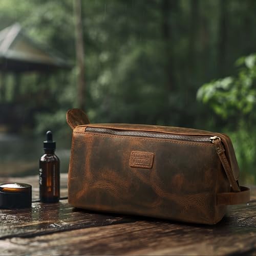 LEATHER VILLAGE Genuine Leather Travel Toiletry Bag - Water-Resistant Dopp Kit for Toiletries, Large Shaving Bag & Bathroom Organizer - Gift for Men & Women - Rustic Brown - color: Rustic Brown
