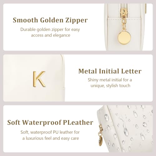 Personalized Birthday Gifts for Women - Initial Makeup Bag Set Travel Toiletry Bag Cosmetic Bags Soft Waterproof PU Leather Makeup Pouch Travel Essentials (K, 1pc Beige) - size: 1pc Beige, style: K