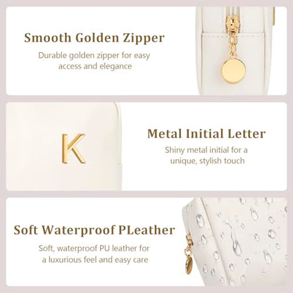 Personalized Birthday Gifts for Women - Initial Makeup Bag Set Travel Toiletry Bag Cosmetic Bags Soft Waterproof PU Leather Makeup Pouch Travel Essentials (K, 1pc Beige) - size: 1pc Beige, style: K