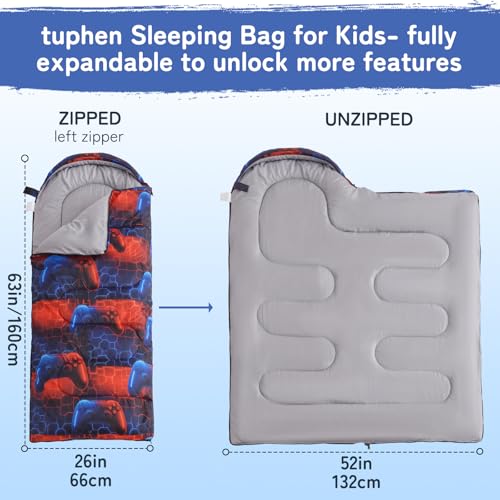tuphen Kids Sleeping Bag - 50-77℉ 3-Season Waterproof Sleeping Bag for Boys & Girls, Lightweight 2.2 lbs Camping Gear with Compression Bag Ideal for Camping, Hiking, Indoor - color: Blue&Red