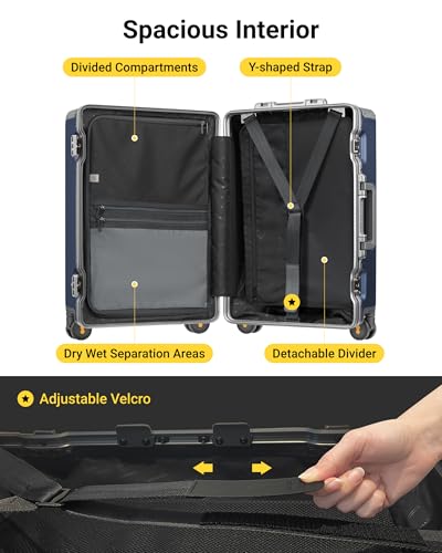 LEVEL8 Zipperless Checked Luggage with Aluminum Frame, Upgraded Medium Hardside Suitcase with Spinner Wheels, Metal Travel Luggage with Double Tsa Locks, 24 Inch, Blue - color: Blue, size: Checked 24 Inch (Upgraded)