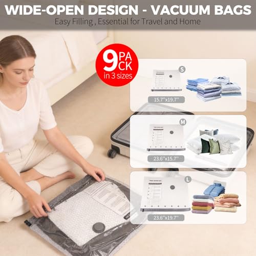 Vacuum Seal Bags for Clothing Travel with Electric Air Pump, FIRRAX 9 Combo Space Saver Vacuum Storage Bags (3 Large+3 Medium+3 Small), Travel Compression Packing for Clothes Luggage and Suitcase - size: 9 combo bags + Electric Pump