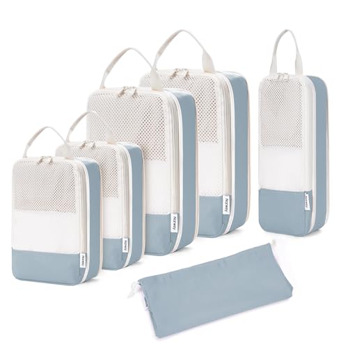 Narwey 6 Set Compression Packing Cubes for Travel Women Men, Travel Cubes for Carry On Suitcase, Durable Compression Luggage Organizer Bags - color: Grayish Blue
