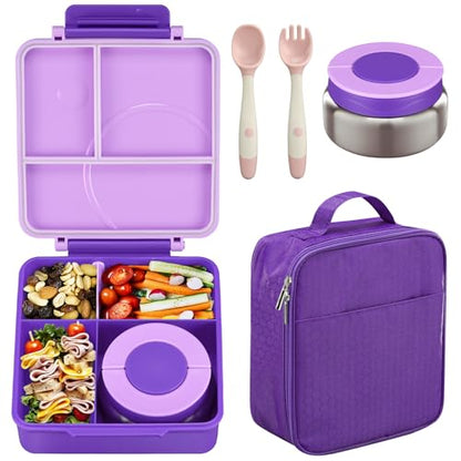 Bento Lunch Box Set for Kids with 8oz Soup Thermo, Leak-Proof Lunch Containers with 4 Compartment, Kids Thermo Hot Food Jar and Insulated Lunch Bag for Kid to School-Purple - color: Purple