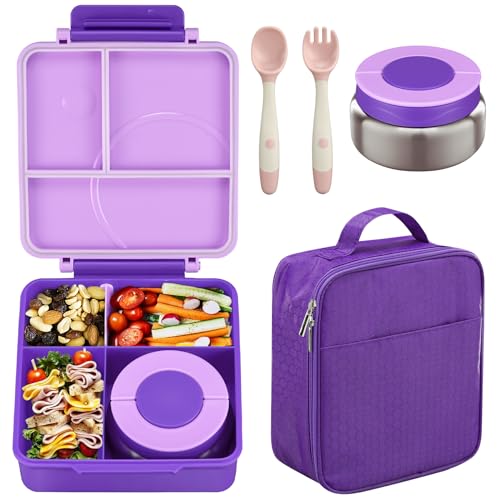 Bento Lunch Box Set for Kids with 8oz Soup Thermo, Leak-Proof Lunch Containers with 4 Compartment, Kids Thermo Hot Food Jar and Insulated Lunch Bag for Kid to School-Purple - color: Purple