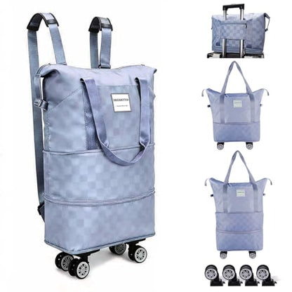 Expandable Rolling Duffle Bag - Large Carry-On With Spinner Wheels, Foldable Weekend Travel Bag, 28-58L Capacity（Backpack-Blue Checkboard） - color: Backpack-Blue Checkboard, style: Backpack
