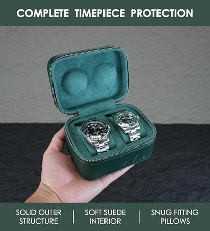 2 Watch Travel box Real Top-grain Leather Two Watch Roll Case for Man and Women Watch Packing Box Storage Organizer with Suede to Protection Zipper Fit All Watches Up to 60mm (2W-Z-GR) - color: 2W-Z-GRR