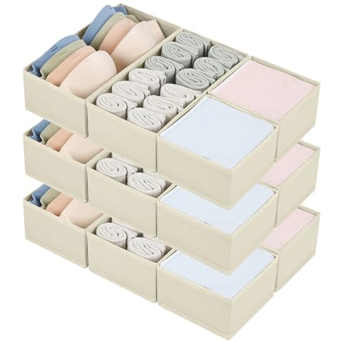 DIMJ Drawer Organizers - Set of 12 Fabric Closet Organizers and Storage, Drawer Dividers for Baby Clothes, Socks, Belt, Tie (Beige) - color: Beige, size: 12 Pack