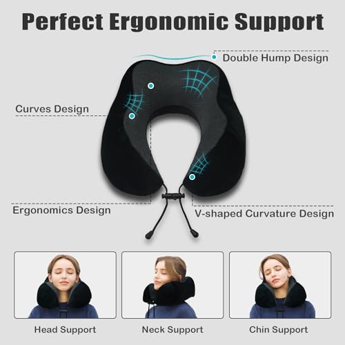 Travel Pillow, Memory Foam Neck Pillow for Traveling, U Shape Neck Pillow Airplane Portable Flight Pillow Travel Kit with 5D Contoured Eye Masks and Earplug for Plane Train Car Home Office - color: Black