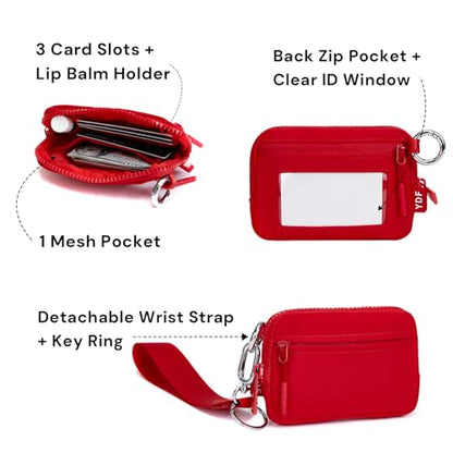 Keychain Wallet for Women Mini Zip Wristlet Wallets with ID Window, Small Coin Purse Keychain Card Holder Organizer, Detachable Strap Gifts for Women, Red - color: Red