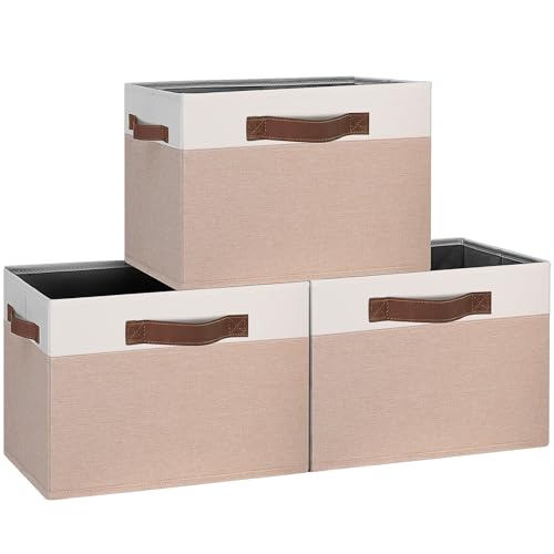 GhvyenntteS Large Fabric Storage Bins with Handles, 15x11x9.6 Inch Storage Baskets for Shelves, Foldable Closet Storage Bins for Shelves, Closet Organizers and Storage Boxes, Beige Yellow&White - color: Beige Yellow & White, size: Large-3 Pack