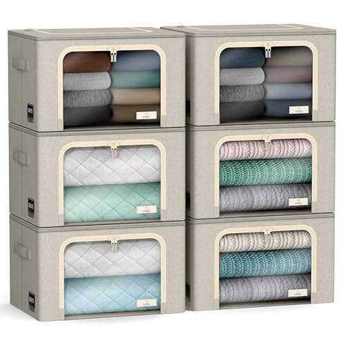 Sorbus Storage Bins with Metal Frame - Stackable & Foldable Clothes Organizer Bags - Oxford Fabric Storage Containers with Large Clear Window & Carry Handles Organization for Bedding Linen & Clothing - color: Beige, size: 6 Pack