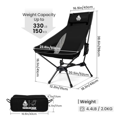 ONETIGRIS Tigerblade High Back Camping Chair with Pillow Design, Comfortable Widened Seat Folding Chair - color: Black