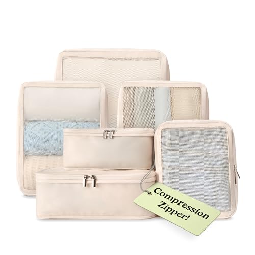 Vandel Space-Saving Compression Packing Cubes for Women, Men, 6-Pack Compressible Carry On Suit Case Organizer Luggage Packing Cubes for Travel Compression Organizer Bags for Luggage, Suitcase Cube - color: 3. Sand, size: 6 Packing Cubes