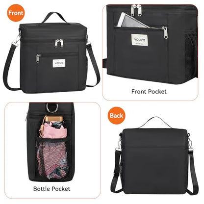 Voova Lunch Bag for Men and Women, Insulated Lunch Box with Shoulder Strap, Adult Reusable Lightweight Nylon Waterproof Lunchbox Lunch bags for Work, Black - color: Black