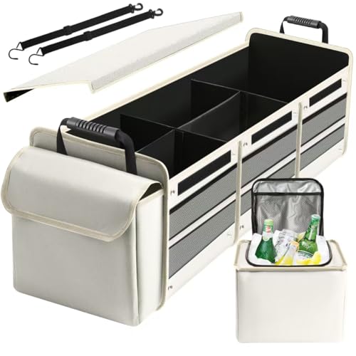 Car Trunk Organizer with Insulated Leakproof Cooler Bag, 4 in 1 Waterproof Portable Car Storage Organizer with Collapsible Cover, 3 Large Compartments, Trunk Organizer for SUV, Car, Truck (Beige) - color: Beige