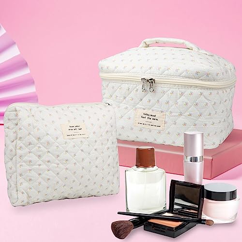 NATINSA Cute Makeup Bag for Women(2 Pcs), Travel Cosmetic Bags, Quilted Coquette Aesthetic Floral Toiletry Organizer Bag (Little Flower) - color: Little Flower