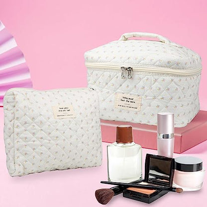 NATINSA Cute Makeup Bag for Women(2 Pcs), Travel Cosmetic Bags, Quilted Coquette Aesthetic Floral Toiletry Organizer Bag (Little Flower) - color: Little Flower