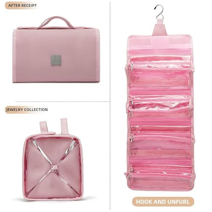 ROYALFAIR Roll Up Makeup Bag, Travel Toiletry Bag for Women with 4 Clear TSA Approved Pouches, Hanging Travel Organizer, Folding Cosmetic Bag for Men and Women - color: pink