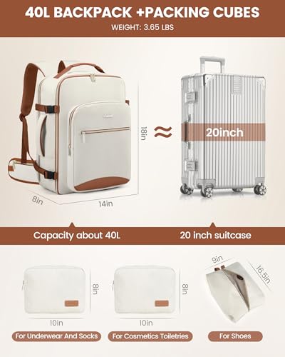 LOVEVOOK 40L Travel Backpack with Waist Strap,Flight Approved Carry on Backpack,Waterproof Personal Item Travel Bag,TSA Carry on Luggage Suitcase Travel Essentials,Gifts for Women & Men,fit 17" Laptop - color: Beige-brown, size: Large-40L-4Pcs(Waist Strap