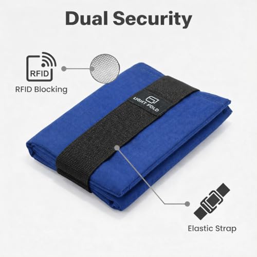LIGHT FOLD Ultra Slim Tri-Fold Wallet with RFID Blocking, Lightweight Minimalist Men’s Wallet with Elastic Band, Waterproof Durable Nylon Fabric, Slim Front Pocket Card Holder Fits 12 Cards & Cash - color: 02 Blue