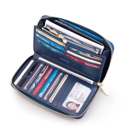 Luxury Real Leather Zip Around Travel Wallet | Large Capicity Card Holder Organizer | Classic Phone Clutch for Men Women (Navy - Saffiano Leather) - color: Navy - Saffiano Leather