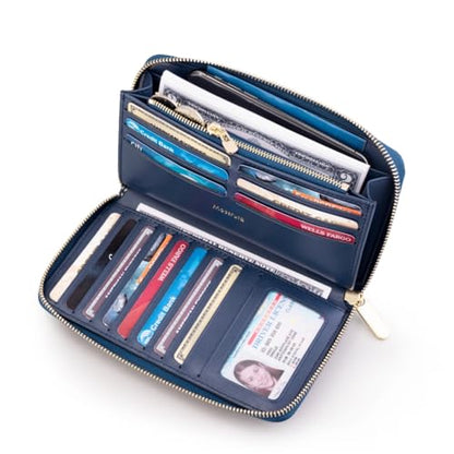 Luxury Real Leather Zip Around Travel Wallet | Large Capicity Card Holder Organizer | Classic Phone Clutch for Men Women (Navy - Saffiano Leather) - color: Navy - Saffiano Leather