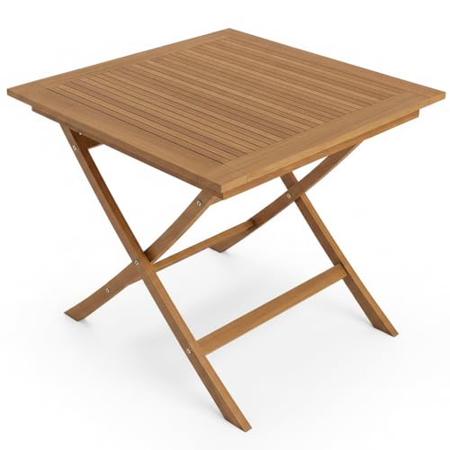 Tangkula Teak Wood Folding Outdoor Table, 32-Inch Square Patio Dining Table for 4, Collapsible Outside Bistro Table with Sturdy X-Frame for Deck, Balcony, Yard, Poolside & Porch - size: 32"