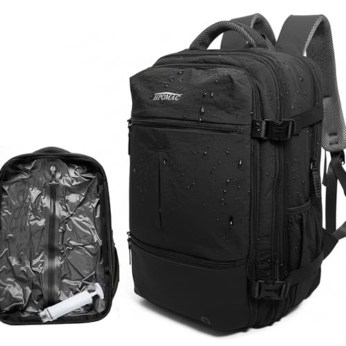 Vacuum Compression Backpack for Travel, Carry-On Backpack with Vacuum System & Pump, Packs Like 55L for 5-7 Day Trips, Business, Hiking, Fits 17" Laptop, Water-Resistant, Fathers Day Dad Gifts - color: Dark Black, size: 55L
