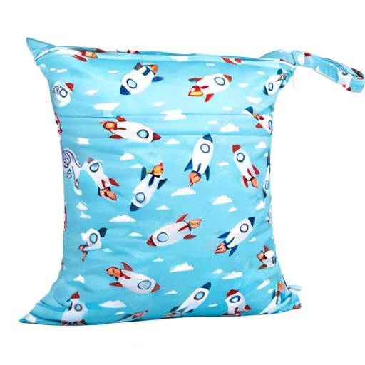 babygoal Wet Dry Bags for Baby Cloth Diapers, Washable Travel Bags, Beach, Pool, Gym Bag for Swimsuits & Wet Clothes with Two Zippered Pockets 3 Pack, 3LN12 - color: Monkey&Rocket&Leaves