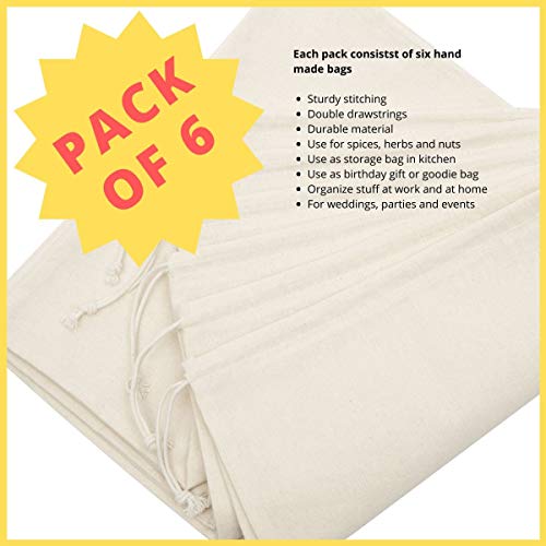 DR 100% Cotton Muslin Drawstring Bags (12x16 Inch - 6-Pack) Large Beige Fabric Cotton Shoe Bag and Storage Pouches for Shoes Storage Pantry Gifts Laundry Travel