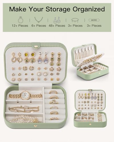 VLANDO Travel Jewelry Case, PU Leather Travel Jewelry Box with Earring Holder, Portable Display Small Jewelry Box for Mothers Day Women Girls Gift - Green - color: C.Green