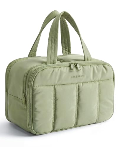 BAGSMART Travel Toiletry Bag, Puffy Large Toiletry Bag for Women, Lightweight Cosmetic Makeup Bag Organizer with Handle for Traveling, Accessories, Essentials, Toiletries (Green) - color: E-Light Green