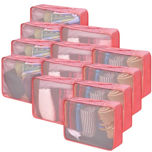 Silkfly 12 Pcs Packing Cubes for Suitcase Travel Luggage Bags Bulk Mesh Organizer Set for Hiking Camping Backpacking Clothes Accessories(Watermelon Red) - color: Watermelon Red, size: XL