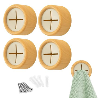 S&T INC. Round Adhesive Push Towel Hooks for Kitchen, Hand and Dish Towels, Plastic, Bamboo, 4 Pack - color: Bamboo