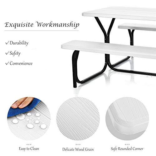 Giantex Picnic Table Bench Set Outdoor Camping All Weather Metal Base Wood-Like Texture Backyard Poolside Dining Party Garden Patio Lawn Deck Large Camping Picnic Tables for Adult (White) - color: White