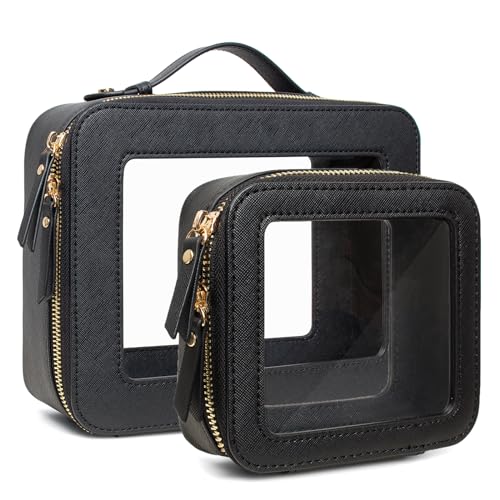 Travel Clear Makeup Bag Set, TSA Approved Cosmetic Bag Case with Zipper Portable Makeup Pouch Toiletry Bag Traveling Cosmetic Organizer Storage Bag Car Organizer Car Essentials - color: Mini + XL Luxe Black