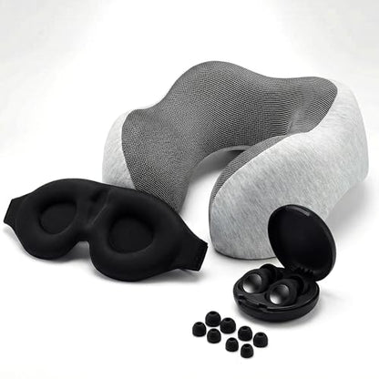 Must-Have Travel Kit Memory Foam Neck Pillow with Adjustable Fit & Removable Cover, 3D Contoured Sleep Mask, Reusable Noise-Reducing Earplugs & Storage Bag, Perfect Travel Essentials Set