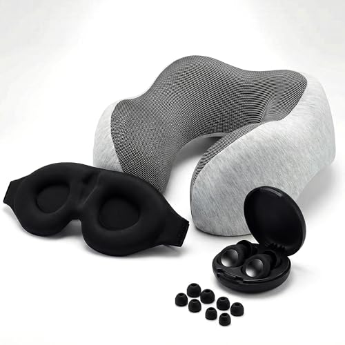 Must-Have Travel Kit Memory Foam Neck Pillow with Adjustable Fit & Removable Cover, 3D Contoured Sleep Mask, Reusable Noise-Reducing Earplugs & Storage Bag, Perfect Travel Essentials Set