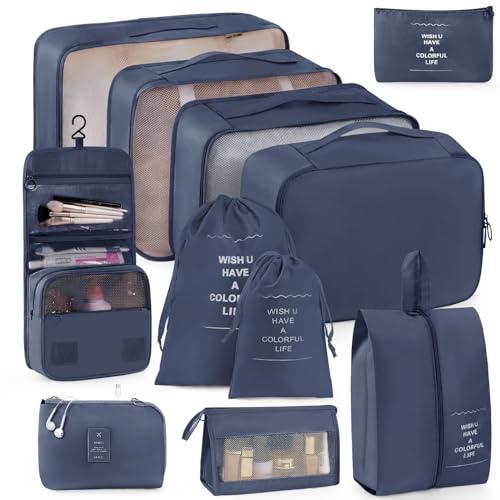 Anjing 11 PCS Packing Cubes for Suitcases Carry on, Space-Saving Travel Luggage Packing Organizers for Travel Essentials, Water-Resistant Luggage Suitcase Organizer Bags Set, Navy Blue - color: Navy Blue-11pcs