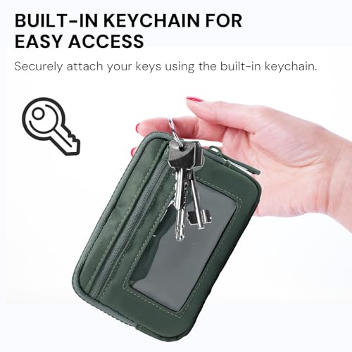 YDF The Iris Wallet for Women Mini Zip Card Case with Clear ID Window Zipper Coin Purse Lightweight Portable Keychain Wallet - color: green