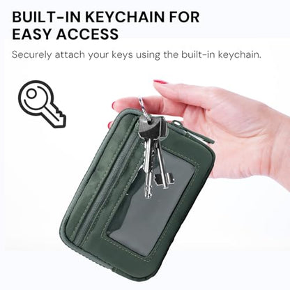 YDF The Iris Wallet for Women Mini Zip Card Case with Clear ID Window Zipper Coin Purse Lightweight Portable Keychain Wallet - color: green