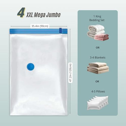 4 Mega Jumbo XXL Vacuum Storage Bags with Pump, Supersized Compression Space Saver for Comforter, duvet, Bedding, Blanket storage, Vacuum Seal Bags for Clothing, Durable Safe Poly Material - size: 4 Mega Jumbo XXL