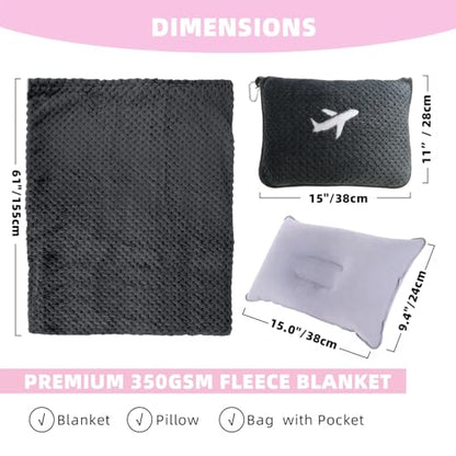 3 in 1 Travel Blanket Pillow Set - 350 GSM Thick Travel Blanket Airplane Compact with Bag, Soft Bag with a Pocket, Inflatable Travel Pillow for Camping & Car Trip (Dark Grey) - color: Dark Grey