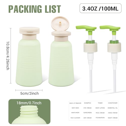 3.4oz Travel Shampoo Bottle with Flip Cap, Refillable Plastic Pump Bottles Dispenser for Soap, Shampoo, Lotions, Liquid Body Wash, Creams and Massage Oil (2Pack, 3.4oz/100ml) - size: 3.4 fl oz