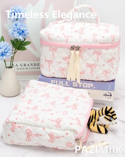 Quilted Makeup Bag Large Travel Zipper Soft Cosmetic Pouch for Women Girls Make Up,Bow Pink - color: Bow Pink, size: 1 PCS Pouch