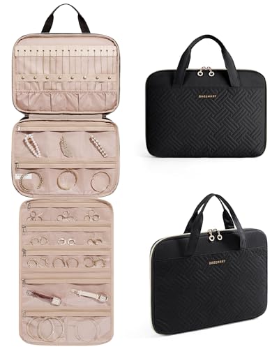 BAGSMART Travel Jewelry Organizer Case Portable Jewelry Roll Bag Tangle-free Necklace Storage, Foldable Transparent Zipper Pockets for Rings, Earrings, Bracelet, Travel Essentials, Black - color: Black